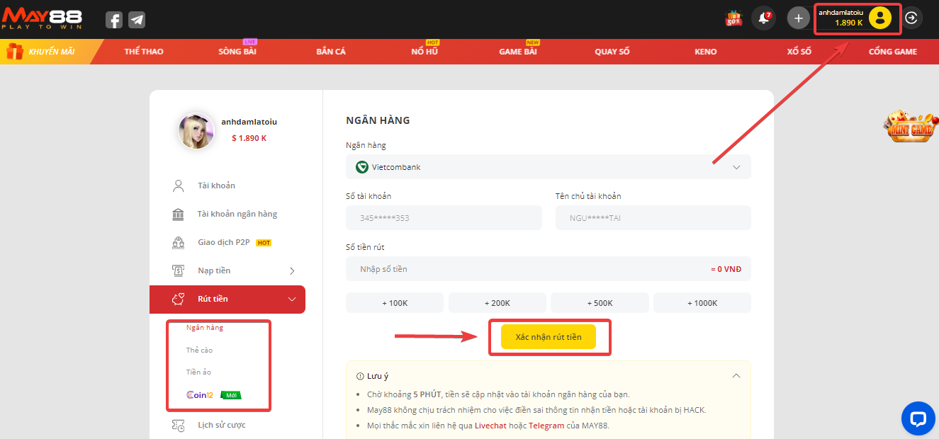 Quy trình rút tiền trực tuyến tại May88